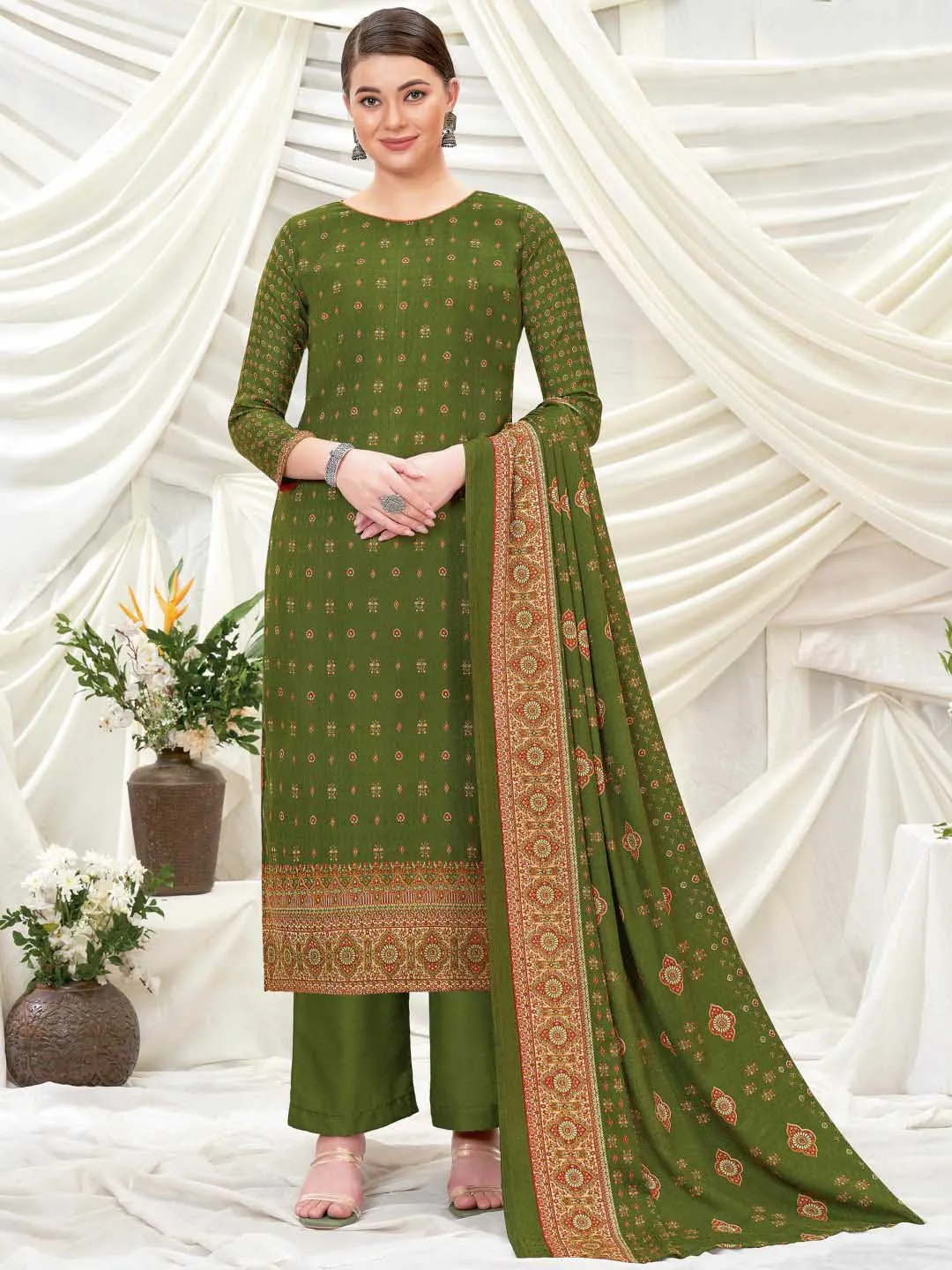 Wool Pashmina Mehandi Green Printed Unstitched Suit Set