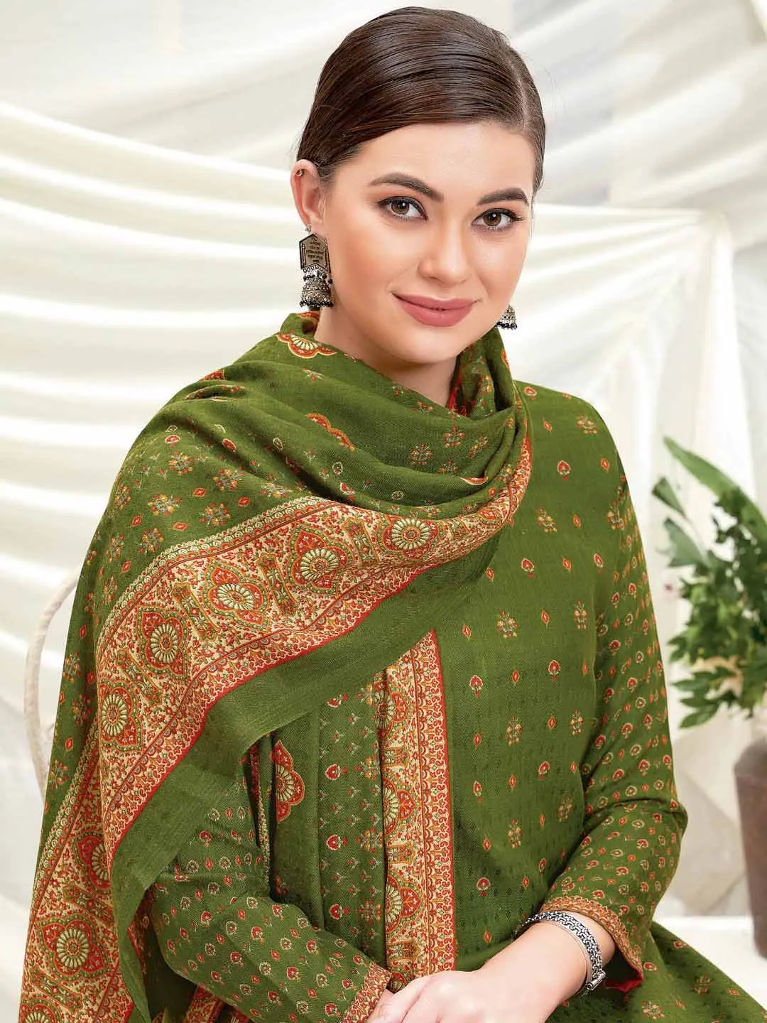 Wool Pashmina Mehandi Green Printed Unstitched Suit Set