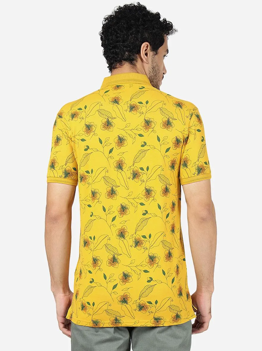 Yolk Yellow Printed Slim Fit Polo T-Shirt | JadeBlue