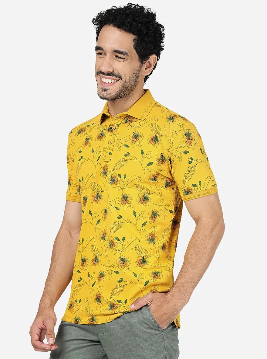 Yolk Yellow Printed Slim Fit Polo T-Shirt | JadeBlue