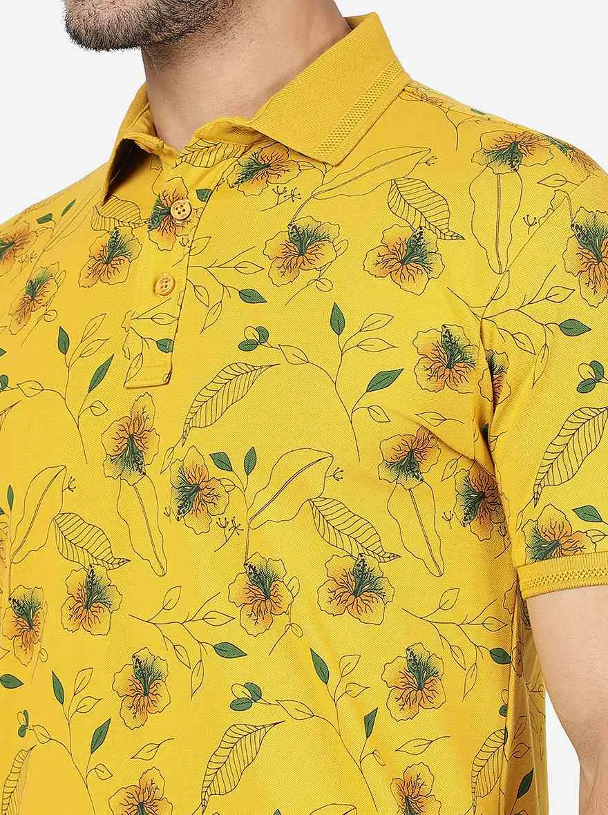 Yolk Yellow Printed Slim Fit Polo T-Shirt | JadeBlue