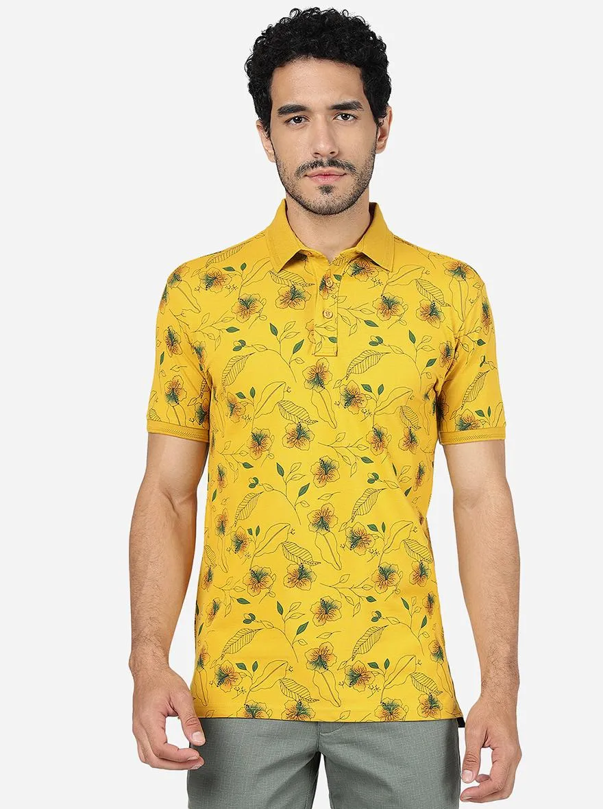 Yolk Yellow Printed Slim Fit Polo T-Shirt | JadeBlue